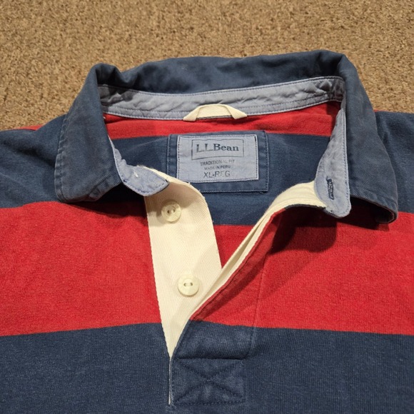 LL Bean Rugby Shirt Mens XL Red Blue Striped Cotton Long Sleeve Preppy Outdoor - Picture 2 of 8